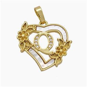 Copper Heart Pendant Pave Shell Zirconia Letter-Q Flower 18K Gold Plated, approx 20mm [FN48170]
