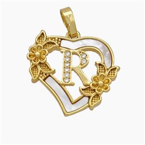 Copper Heart Pendant Pave Shell Zirconia Letter-R Flower 18K Gold Plated, approx 20mm [FN48171]