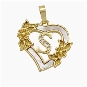 Copper Heart Pendant Pave Shell Zirconia Letter-S Flower 18K Gold Plated, approx 20mm [FN48172]