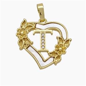 Copper Heart Pendant Pave Shell Zirconia Letter-T Flower 18K Gold Plated, approx 20mm [FN48173]