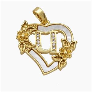 Copper Heart Pendant Pave Shell Zirconia Letter-U Flower 18K Gold Plated, approx 20mm [FN48174]