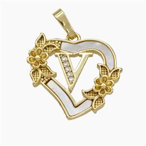 Copper Heart Pendant Pave Shell Zirconia Letter-V Flower 18K Gold Plated, approx 20mm [FN48175]