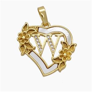 Copper Heart Pendant Pave Shell Zirconia Letter-W Flower 18K Gold Plated, approx 20mm [FN48176]