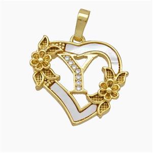 Copper Heart Pendant Pave Shell Zirconia Letter-Y Flower 18K Gold Plated, approx 20mm [FN48178]
