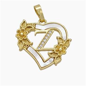 Copper Heart Pendant Pave Shell Zirconia Letter-X Flower 18K Gold Plated, approx 20mm [FN48179]
