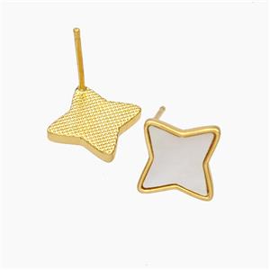 Copper Star Stud Earrings Pave Shell 18K Gold Plated, approx 13mm [FN48195]