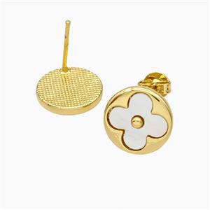 Copper Clover Stud Earrings Pave Shell 18K Gold Plated, approx 11mm [FN48197]