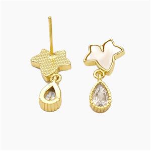 Copper Leaf Stud Earrings Pave Shell Teardrop 18K Gold Plated, approx 5-7mm, 9-10mm [FN48200]