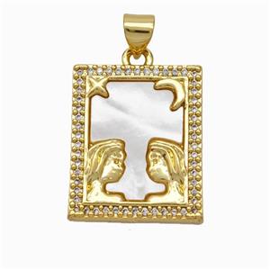 Copper Tarot Card Pendant Pave Shell Zirconia Zodiac Gemini 18K Gold Plated, approx 17-20mm [FN48227]