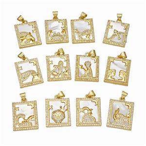 Copper Tarot Card Pendant Pave Shell Zirconia Zodiac 18K Gold Plated Mixed, approx 17-20mm [FN48237]