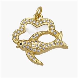 Copper Swallow Pendant Pave Shell Zirconia Birds 18K Gold Plated, approx 17-20mm [FN48276]