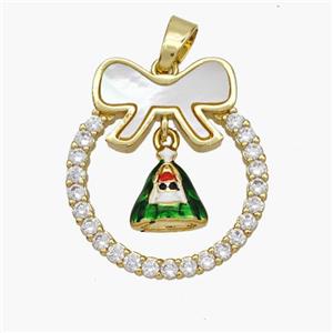 Christmas Bell Copper Bow Pendant Pave Shell Zirconia Painted 18K Gold Plated, approx 8-10mm, 22-25mm [FN48305]
