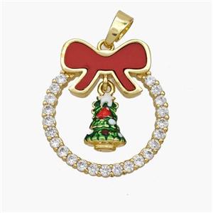 Christmas Tree Copper Bow Pendant Pave Shell Zirconia Painted 18K Gold Plated, approx 8-10mm, 22-25mm [FN48306]