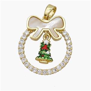Christmas Tree Copper Bow Pendant Pave Shell Zirconia Painted 18K Gold Plated, approx 8-10mm, 22-25mm [FN48307]