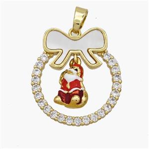 Christmas Santa Claus Copper Bow Pendant Pave Shell Zirconia Painted 18K Gold Plated, approx 8-10mm, 22-25mm [FN48309]