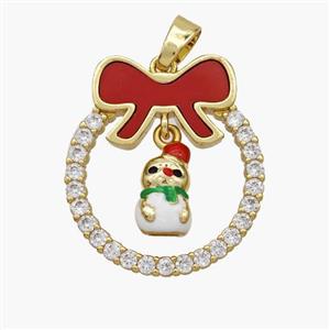 Christmas Snowman Copper Bow Pendant Pave Shell Zirconia Painted 18K Gold Plated, approx 8-10mm, 22-25mm [FN48312]