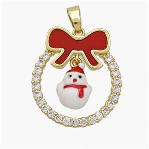 Christmas Snowman Copper Bow Pendant Pave Shell Zirconia Painted 18K Gold Plated, approx 8-10mm, 22-25mm [FN48314]