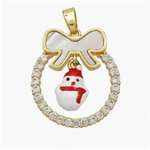 Christmas Snowman Copper Bow Pendant Pave Shell Zirconia Painted 18K Gold Plated, approx 8-10mm, 22-25mm [FN48315]