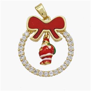 Christmas Santa Claus Copper Bow Pendant Pave Shell Zirconia Enamel 18K Gold Plated, approx 8-10mm, 22-25mm [FN48316]