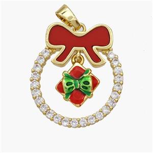 Christmas Gift Copper Bow Pendant Pave Shell Zirconia Painted 18K Gold Plated, approx 11mm, 22-25mm [FN48322]