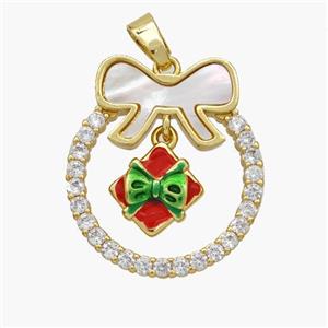Christmas Gift Copper Bow Pendant Pave Shell Zirconia Painted 18K Gold Plated, approx 11mm, 22-25mm [FN48323]