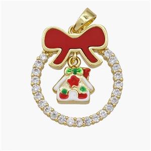 Christmas House Copper Bow Pendant Pave Shell Zirconia Painted 18K Gold Plated, approx 10mm, 22-25mm [FN48324]