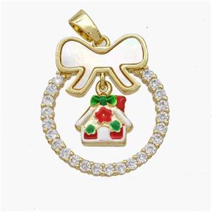 Christmas House Copper Bow Pendant Pave Shell Zirconia Painted 18K Gold Plated, approx 10mm, 22-25mm [FN48325]