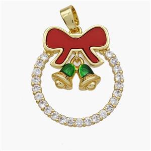 Christmas Bell Copper Bow Pendant Pave Shell Zirconia Painted 18K Gold Plated, approx 7-11mm, 22-25mm [FN48328]