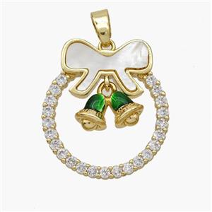 Christmas Bell Copper Bow Pendant Pave Shell Zirconia Painted 18K Gold Plated, approx 7-11mm, 22-25mm [FN48329]