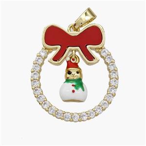 Christmas Snowman Copper Bow Pendant Pave Shell Zirconia Painted 18K Gold Plated, approx 8-10mm, 22-25mm [FN48330]