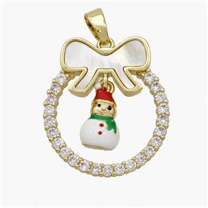 Christmas Snowman Copper Bow Pendant Pave Shell Zirconia Painted 18K Gold Plated, approx 8-10mm, 22-25mm [FN48331]