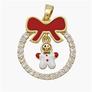 Christmas Snowman Copper Bow Pendant Pave Shell Zirconia Painted 18K Gold Plated, approx 8-10mm, 22-25mm [FN48332]