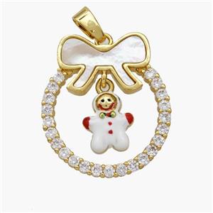 Christmas Snowman Copper Bow Pendant Pave Shell Zirconia Painted 18K Gold Plated, approx 8-10mm, 22-25mm [FN48333]