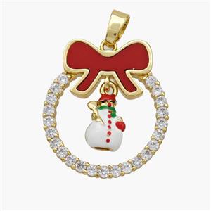 Christmas Snowman Copper Bow Pendant Pave Shell Zirconia Enamel 18K Gold Plated, approx 8-10mm, 22-25mm [FN48334]
