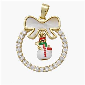 Christmas Snowman Copper Bow Pendant Pave Shell Zirconia Enamel 18K Gold Plated, approx 8-10mm, 22-25mm [FN48335]