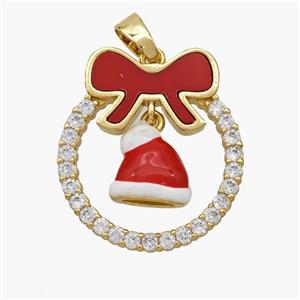 Christmas Hat Copper Bow Pendant Pave Shell Zirconia Enamel 18K Gold Plated, approx 10-11mm, 22-25mm [FN48336]