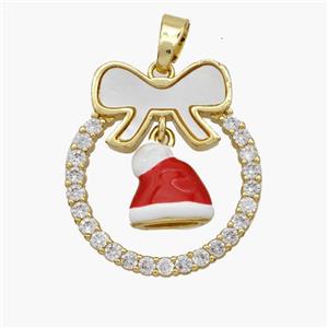 Christmas Hat Copper Bow Pendant Pave Shell Zirconia Enamel 18K Gold Plated, approx 10-11mm, 22-25mm [FN48337]