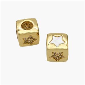 Copper Cube Beads Pave Shell Zirconia Star Large Hole 18K Gold Plated, approx 10mm, 5mm hole [FN48342]