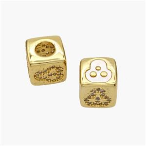 Copper Cube Beads Pave Shell Zirconia Clover Large Hole 18K Gold Plated, approx 10mm, 5mm hole [FN48343]