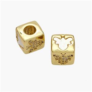 Copper Cube Beads Pave Shell Zirconia Butterfly Large Hole 18K Gold Plated, approx 10mm, 5mm hole [FN48344]