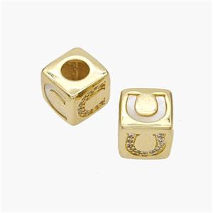 Copper Cube Beads Pave Shell Zirconia Horseshoe Large Hole 18K Gold Plated, approx 10mm, 5mm hole [FN48347]