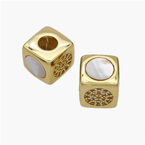 Copper Cube Beads Pave Shell Zirconia Sun Large Hole 18K Gold Plated, approx 10mm, 5mm hole [FN48349]