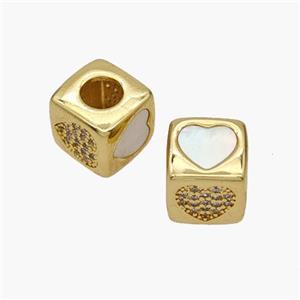 Copper Cube Beads Pave Shell Zirconia Heart Large Hole 18K Gold Plated, approx 10mm, 5mm hole [FN48350]