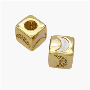 Copper Cube Beads Pave Shell Zirconia Moon Large Hole 18K Gold Plated, approx 10mm, 5mm hole [FN48351]