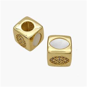 Copper Cube Beads Pave Shell Zirconia Eye Large Hole 18K Gold Plated, approx 10mm, 5mm hole [FN48352]