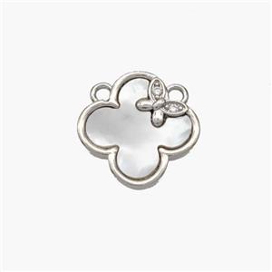 Copper Clover Pendant Pave Shell 2loops Butterfly Platinum Plated, approx 14mm [FN48396]