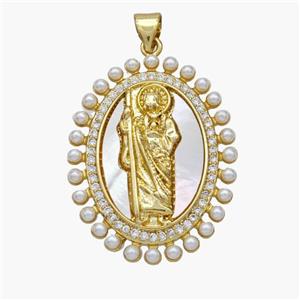 Copper Jesus Pendant Pave Shell Zirconia 18K Gold Plated, approx 24-30mm [FN48430]