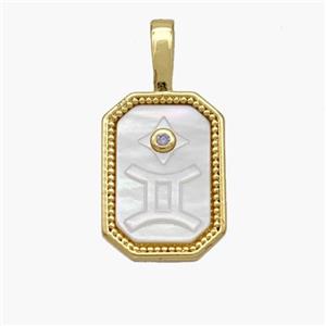Copper Rectangle Pendant Pave Shell Zodiac Gemini 18K Gold Plated, approx 10-20mm [FN48433]