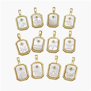 Copper Rectangle Pendant Pave Shell Zodiac 18K Gold Plated Mixed, approx 10-20mm [FN48443]