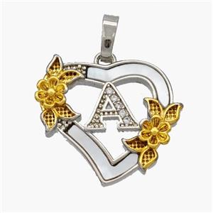 Copper Heart Pendant Pave Shell Zirconia Letter-A Platinum Plated 18K Gold Flower, approx 20mm [FN48444]